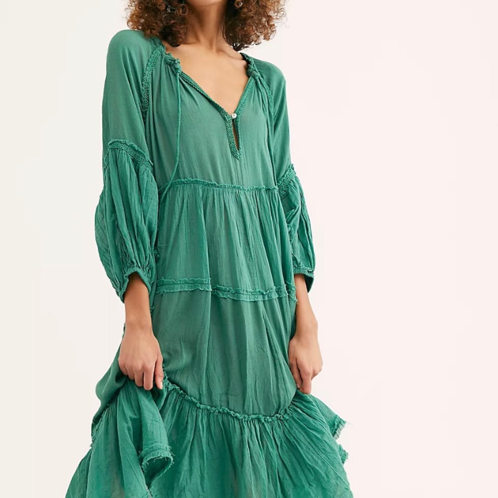 Free People In the Moment Dress - Green Bohemian Long Sleeved Maxi Dress